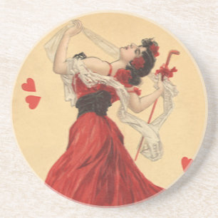 Vintage Valentine's Day, Dancing Lady Red Hearts Drink Coaster
