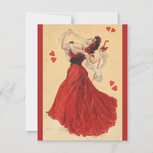 Vintage Valentines Day Dancing Lady Red Hearts Holiday Card