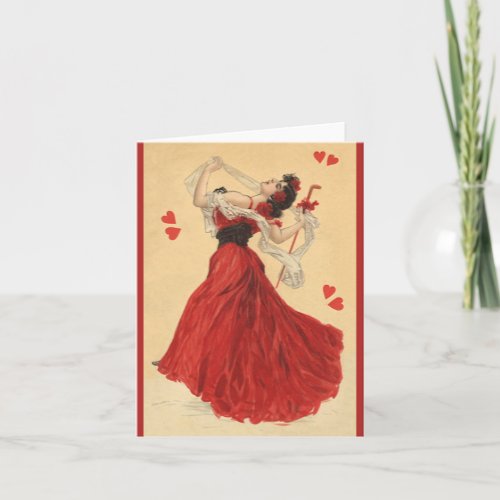 Vintage Valentines Day Dancing Lady Red Hearts Holiday Card