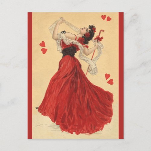 Vintage Valentines Day Dancing Lady Red Hearts Holiday Postcard
