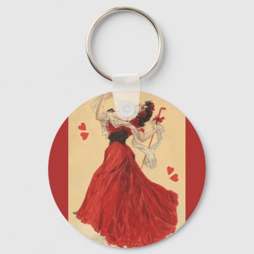 Vintage Valentines Day Dancing Lady Red Hearts Keychain