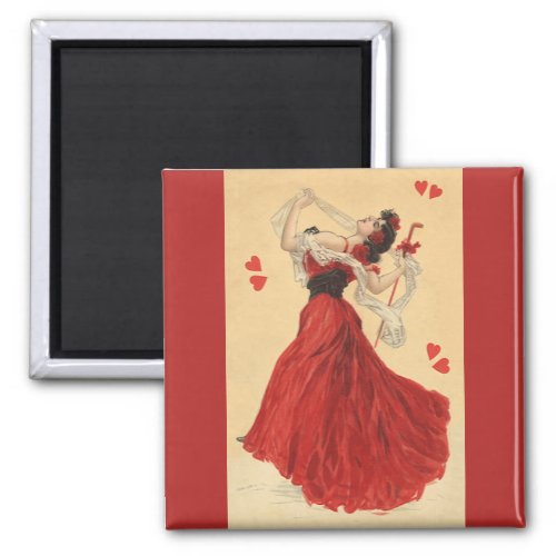 Vintage Valentines Day Dancing Lady Red Hearts Magnet