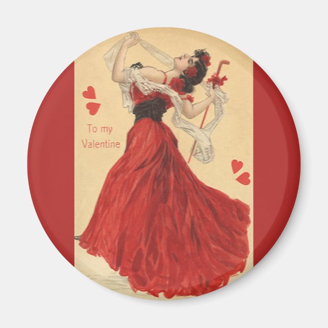 Vintage Valentine's Day, Dancing Lady Red Hearts Magnet (Front)