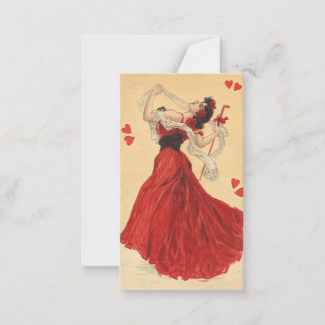 Vintage Valentine's Day, Dancing Lady Red Hearts Note Card