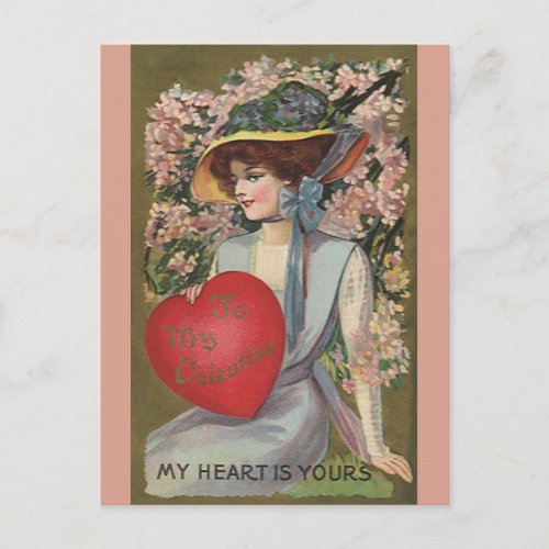 Vintage Valentines Day Elegant Lady with Heart Holiday Postcard