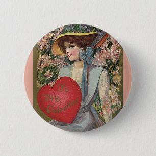 Vintage Valentine's Day, Elegant Lady with Heart Pinback Button