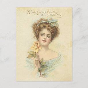 Vintage Valentine's Day Elegant Lady Yellow Rose Holiday Postcard