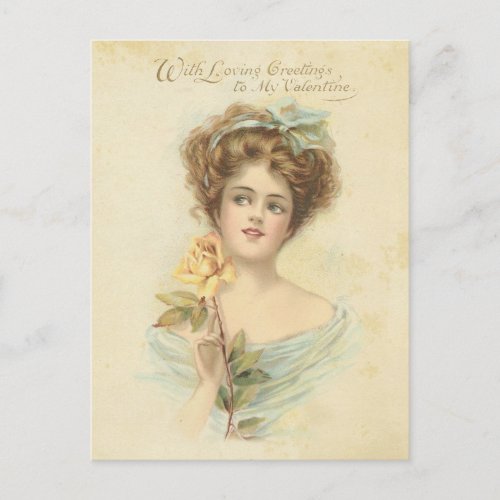 Vintage Valentines Day Elegant Lady Yellow Rose Holiday Postcard