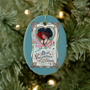 Vintage Valentine's Day, Elegant Woman in a Heart Ceramic Ornament