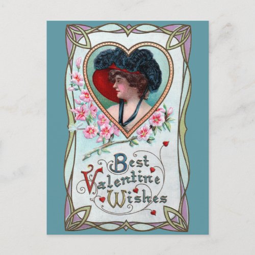 Vintage Valentines Day Elegant Woman in a Heart Holiday Postcard