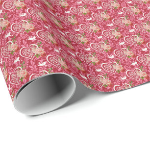 Vintage Valentine's Day Floral Heart Pattern Wrapping Paper