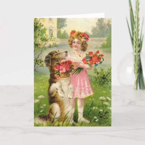 Vintage Valentines Day Girl and Dog Holiday Card