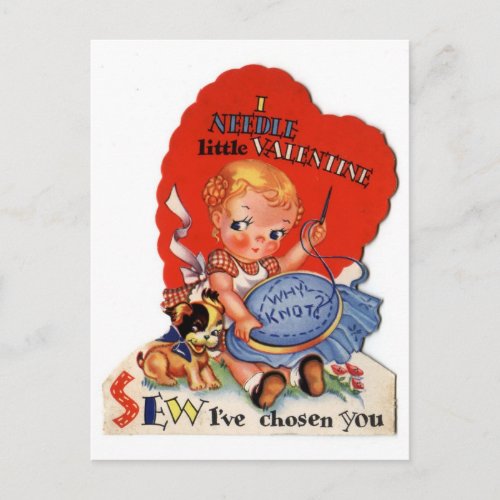 Vintage Valentines Day Girl Sewing Holiday Postcard