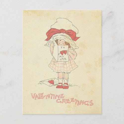 Vintage Valentines Day Greetings Cute Girl Hearts Holiday Postcard