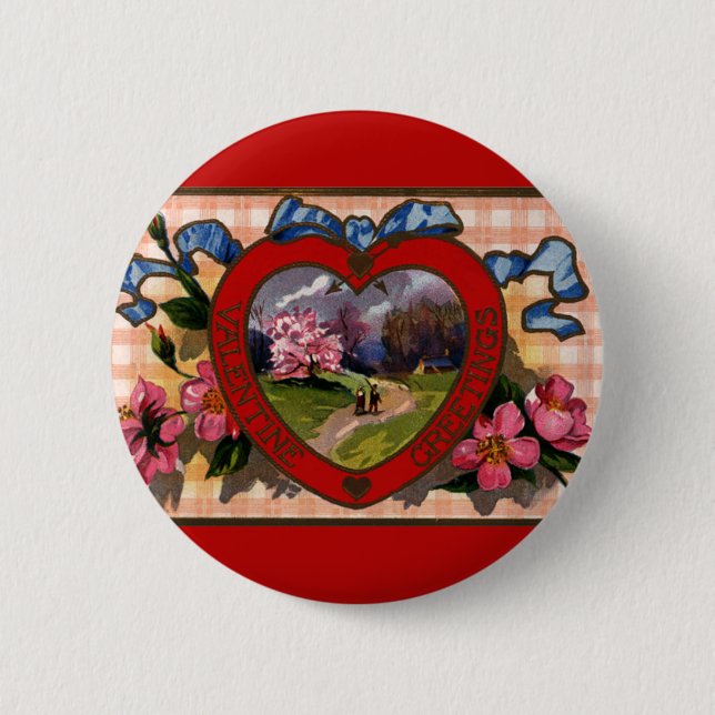 Vintage Valentines Day Greetings Heart and Flowers Button (Front)