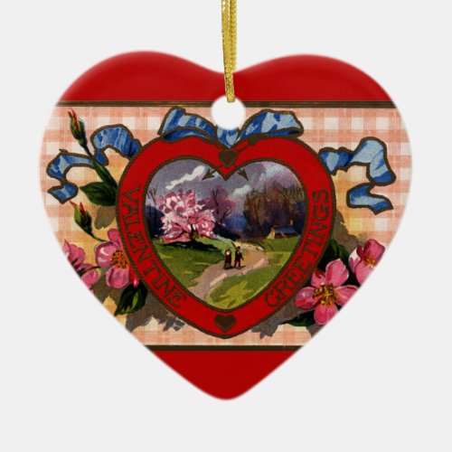 Vintage Valentines Day Greetings Heart and Flowers Ceramic Ornament