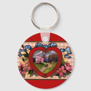 Vintage Valentines Day Greetings Heart and Flowers Keychain