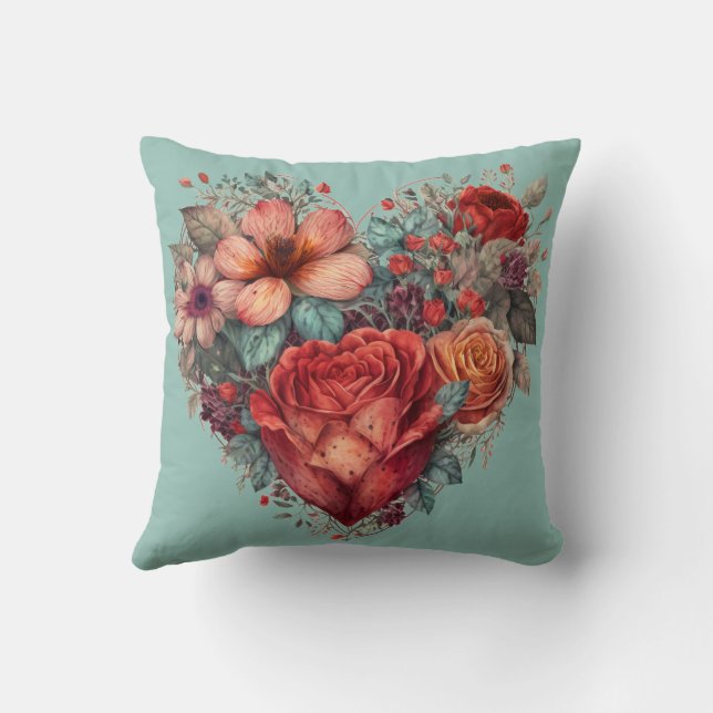 Vintage Valentines Day Heart and Flowers Throw Pillow (Back)
