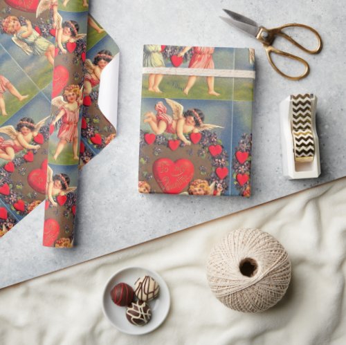 Vintage Valentines Day Hearts and Cupid Holiday Wrapping Paper