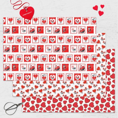 Vintage Valentines Day Hearts and Stamps Wrapping Paper Sheets