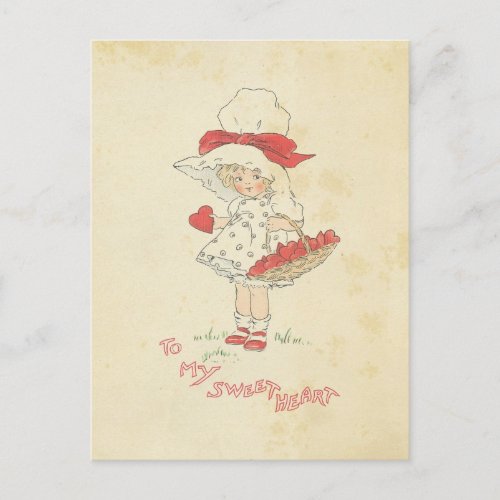 Vintage Valentines Day Hearts Cute Little Girl Holiday Postcard