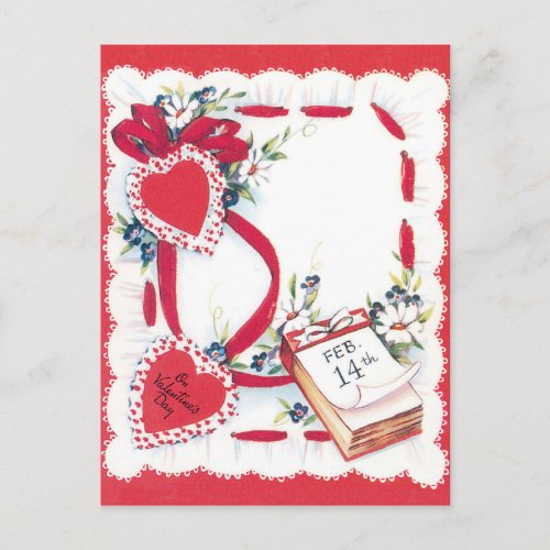 Vintage Valentines Day Hearts Flowers and Ribbon Holiday Postcard