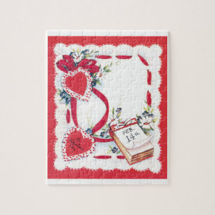 Vintage Valentine's Day Hearts, Flowers and Ribbon Jigsaw Puzzle