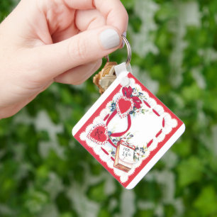 Vintage Valentine's Day Hearts, Flowers and Ribbon Keychain