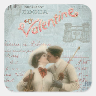 Vintage Valentine's Day Kissing Couple Collage Square Sticker