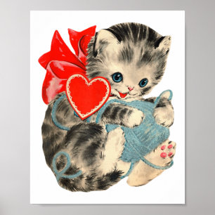Vintage Valentines Day Kitty Cat Yarn Cute Retro V Poster
