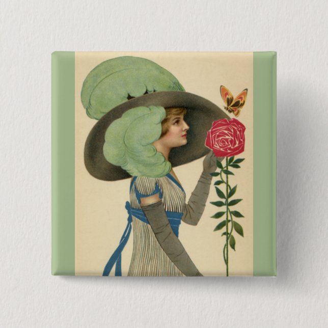 Vintage Valentine's Day, Lady Red Rose Butterfly Button (Front)