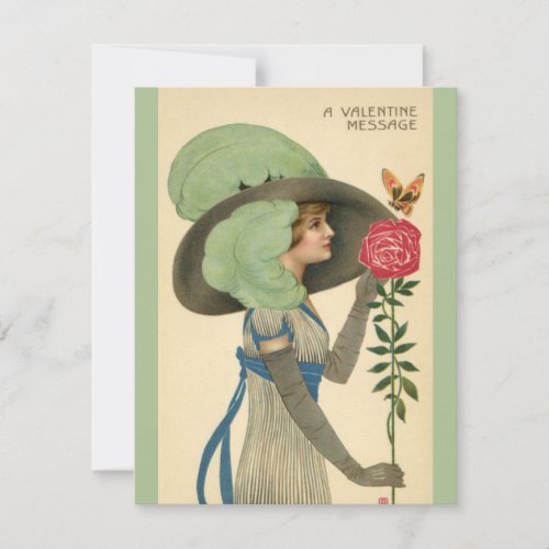 Vintage Valentines Day Lady Red Rose Butterfly Holiday Card