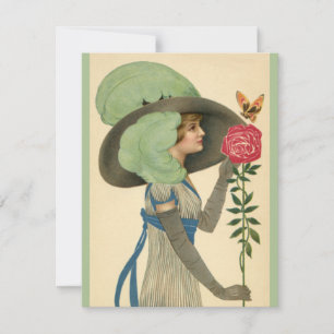 Vintage Valentine's Day, Lady Red Rose Butterfly Holiday Card