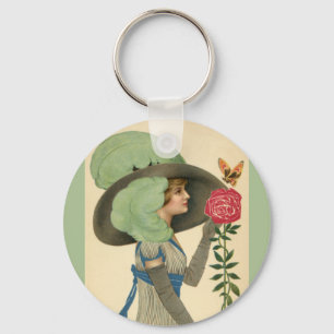 Vintage Valentine's Day, Lady Red Rose Butterfly Keychain