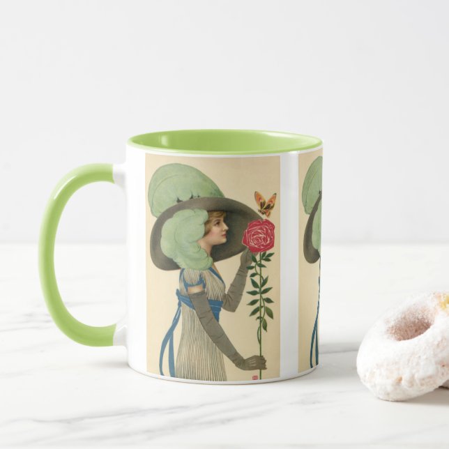 Vintage Valentine's Day, Lady Red Rose Butterfly Mug (With Donut)
