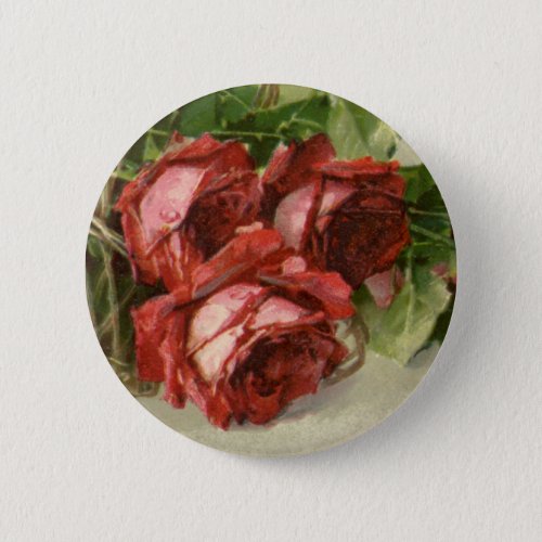 Vintage Valentines Day Love Crimson Red Roses Button