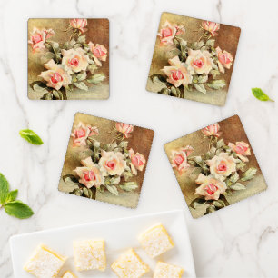 Vintage Valentine's Day Love Romance Pink Roses Coaster Set
