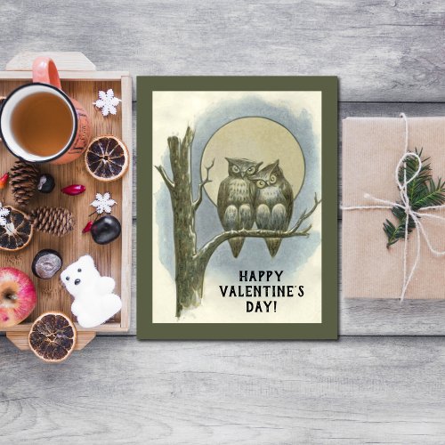 Vintage Valentines Day Pair of Owls Night Moon Holiday Postcard