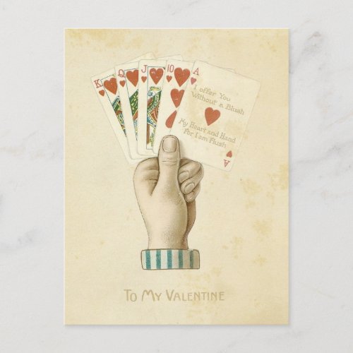 Vintage Valentines Day Poker Hand Red Hearts Love Holiday Postcard