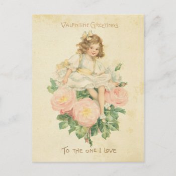 Vintage Valentine's Day Pretty Pink Rose Cute Girl Holiday Postcard by red_dress at Zazzle
