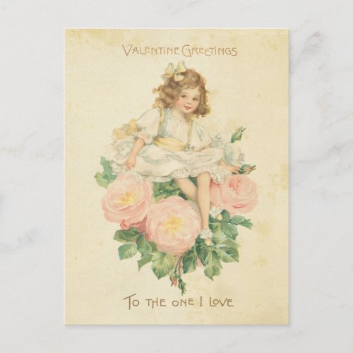 Vintage Valentines Day Pretty Pink Rose Cute Girl Holiday Postcard