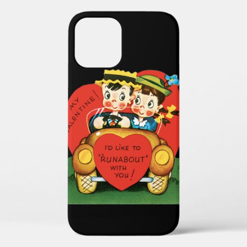 Vintage Valentines Day Retro Girl and Boy in Car iPhone 12 Case