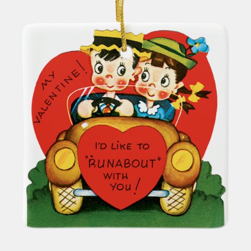 Vintage Valentines Day Retro Girl and Boy in Car Ceramic Ornament