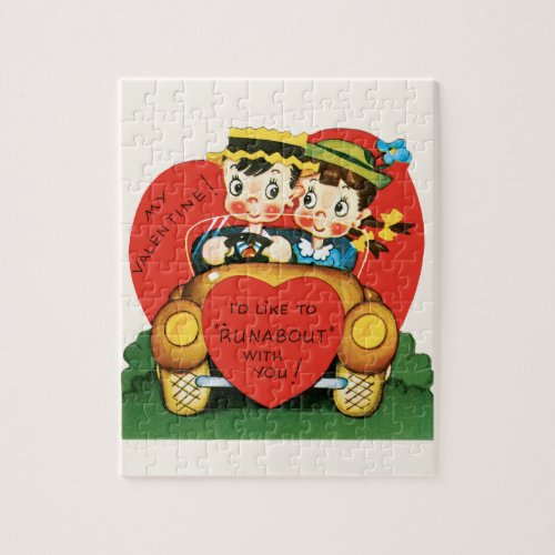 Vintage Valentines Day Retro Girl and Boy in Car Jigsaw Puzzle