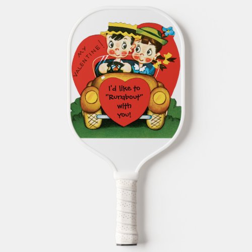 Vintage Valentines Day Retro Girl and Boy in Car Pickleball Paddle