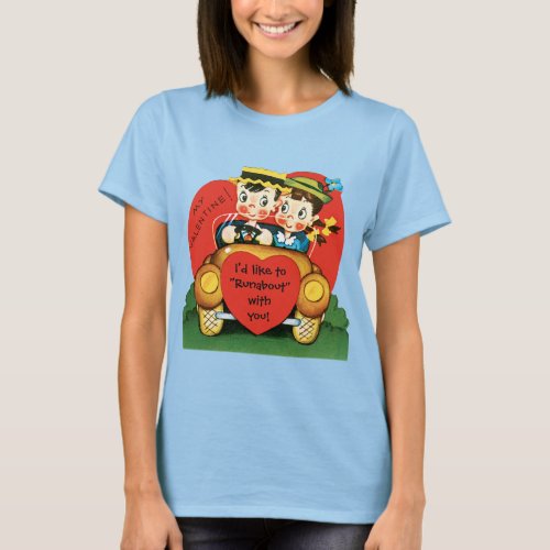 Vintage Valentines Day Retro Girl and Boy in Car T_Shirt