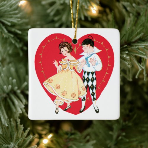 Vintage Valentines Day Retro Harlequin and Heart Ceramic Ornament