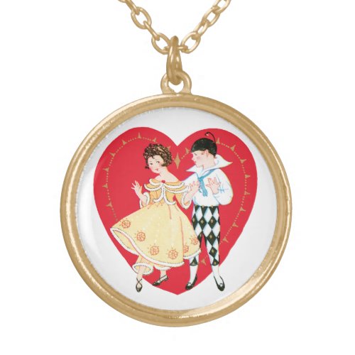 Vintage Valentines Day Retro Harlequin and Heart Gold Plated Necklace