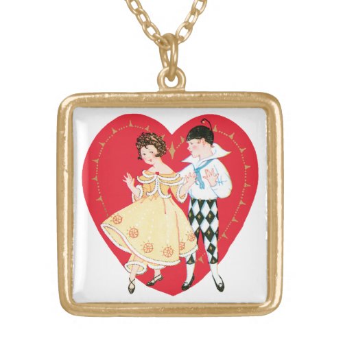 Vintage Valentines Day Retro Harlequin and Heart Gold Plated Necklace