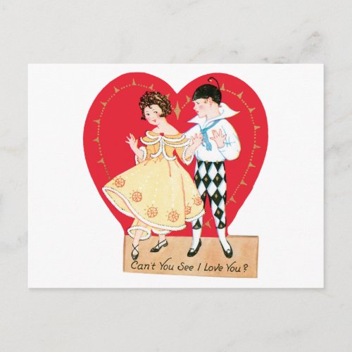 Vintage Valentines Day Retro Harlequin and Heart Holiday Postcard
